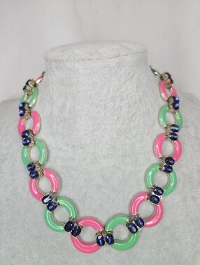 Colorful Statement Necklace Pink Green Links Blue Rhinestones Bold 17" Unsigned